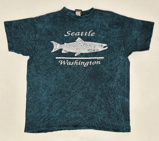 Vintage 90s Seattle Washington Trout Fish Green Dye Tee Tagged OSFA Boxyish L/XL Fit 23.5x27.75 Inches