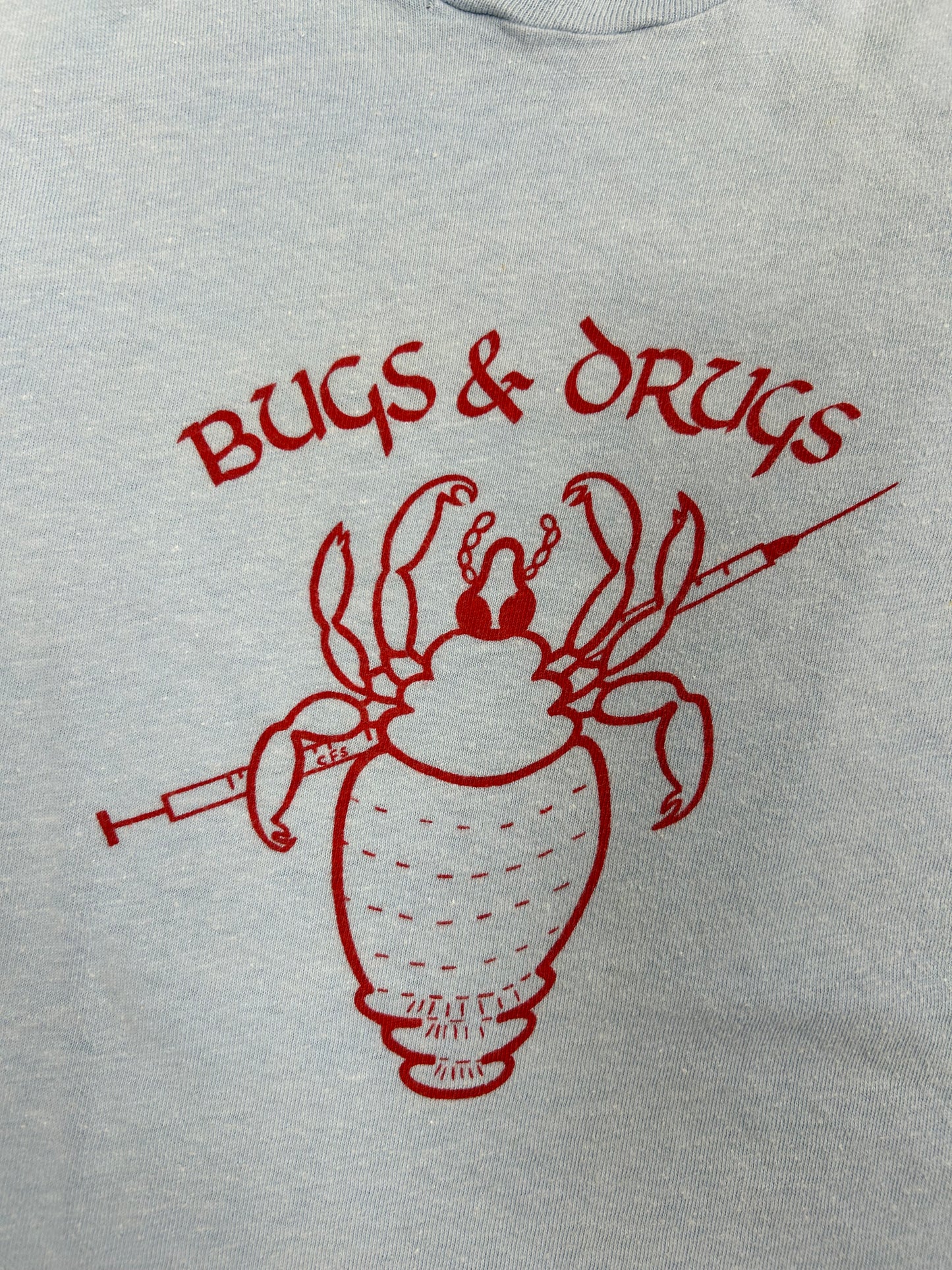 Vintage Bugs & Drugs 70s Hanes Tag Tee Small Fit 18.75x24.5 Inches