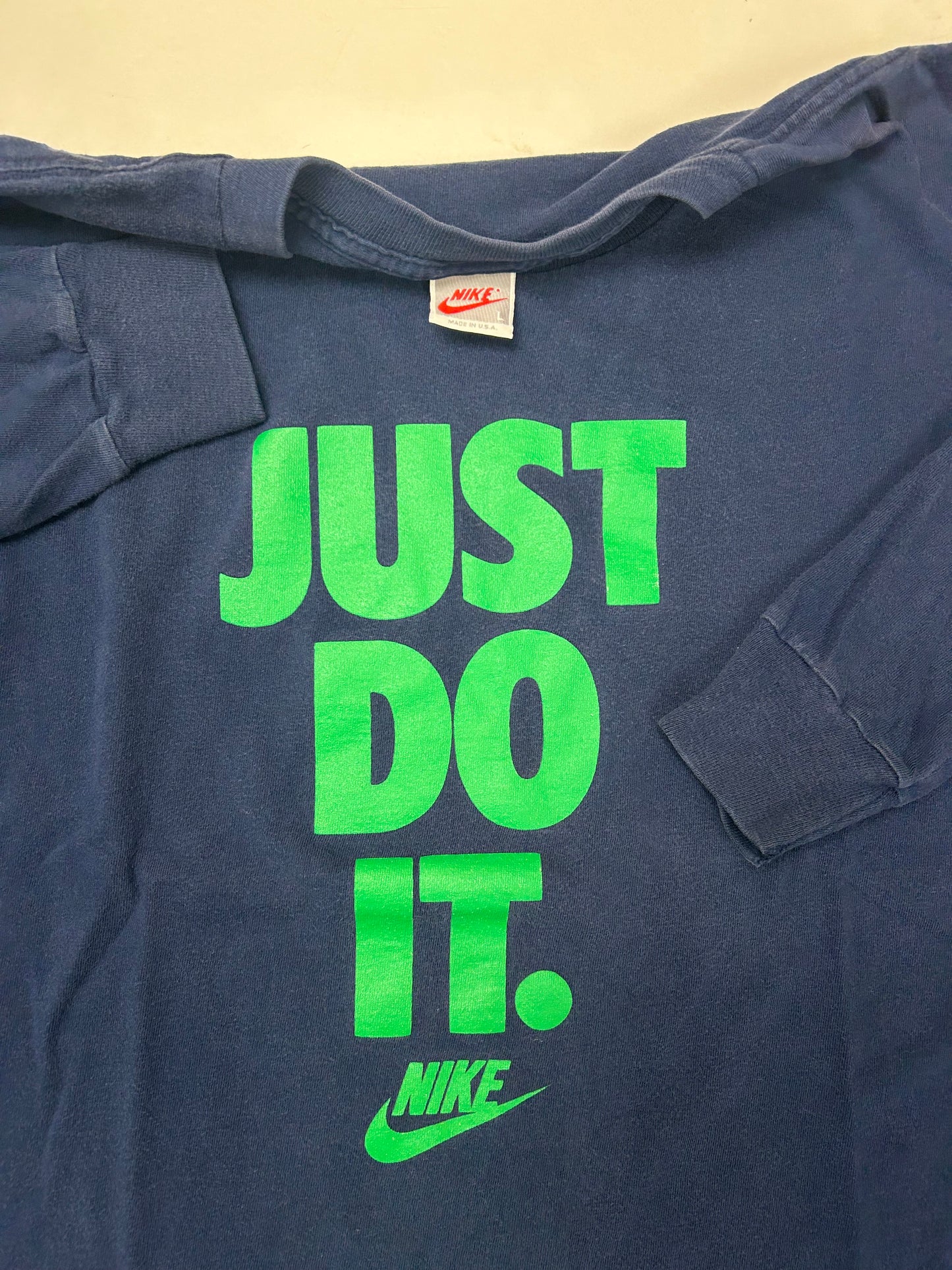 Vintage 90s Nike Just Do It. Long Sleeve T-Shirt Navy/Green Medium/Large Fit 21.5x25.75 Inches Worn