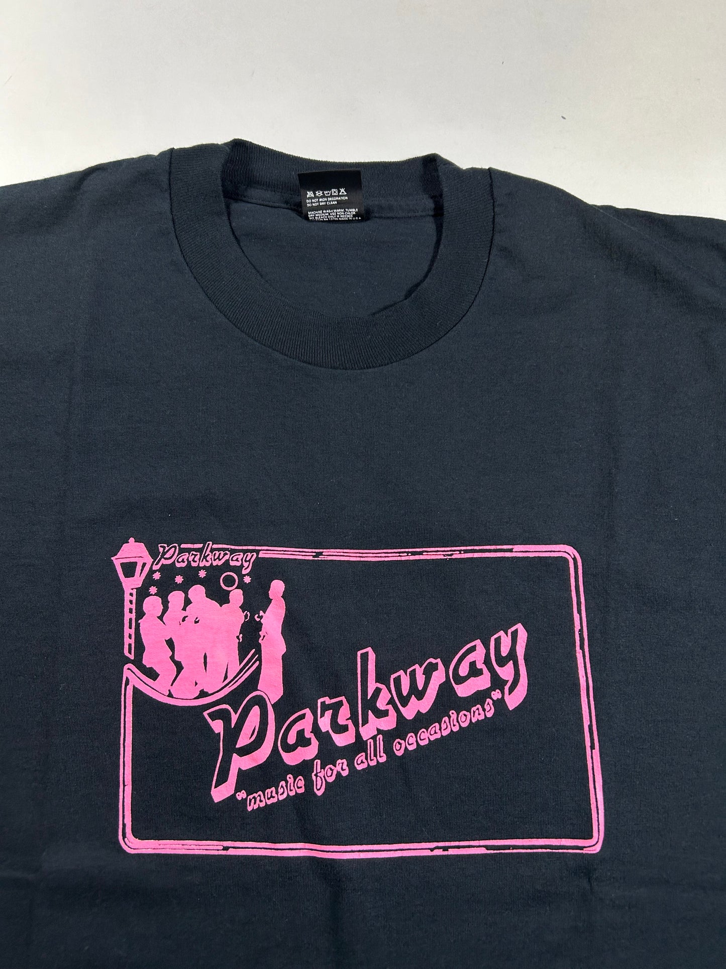 Vintage Parkway Music For All Occasions Tee Black As Is Has Bleach Marks 20x28.5 Inches