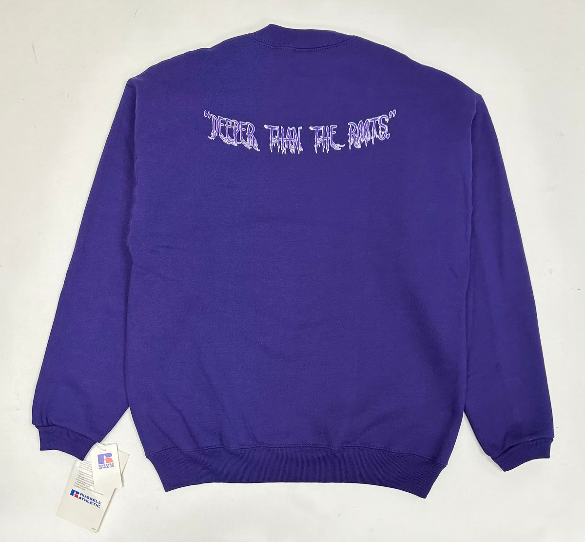 Edgewood NJ “Deeper Than The Roots.” First Edition Crewneck Sweatshirt Tagged Youth XL 21.25x25.75 Inches 90s Russell Athletic 50/50 Blend Made In USA DS Purple