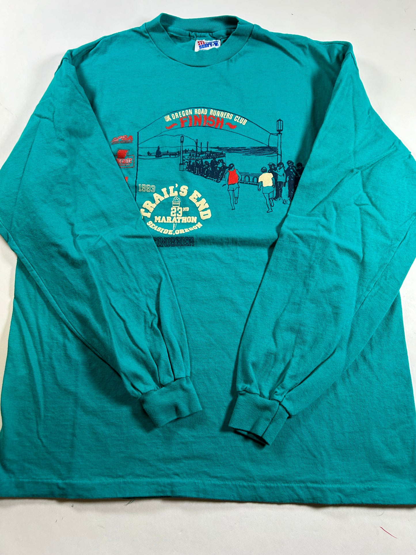 Vintage 1993 Oregon Road Runners Club Trail’s End 23rd Marathon Finisher Long Sleeve Tee Large 21.25x27.75 Inches