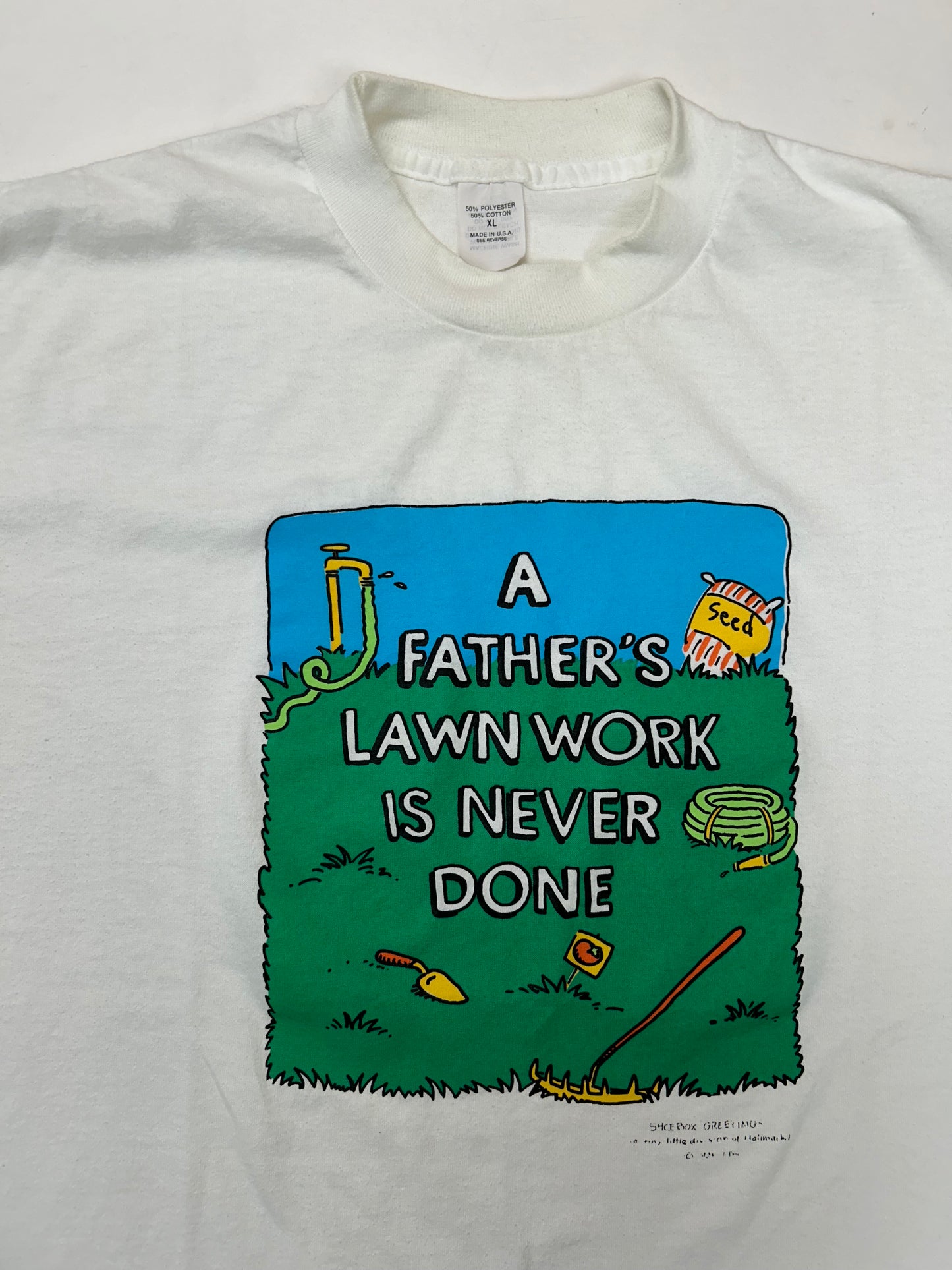 Vintage A Father’s Lawn Work Is Never Done Shoebox Greetings Funny Tee L/XL 22.5x27.25 Inches Fit