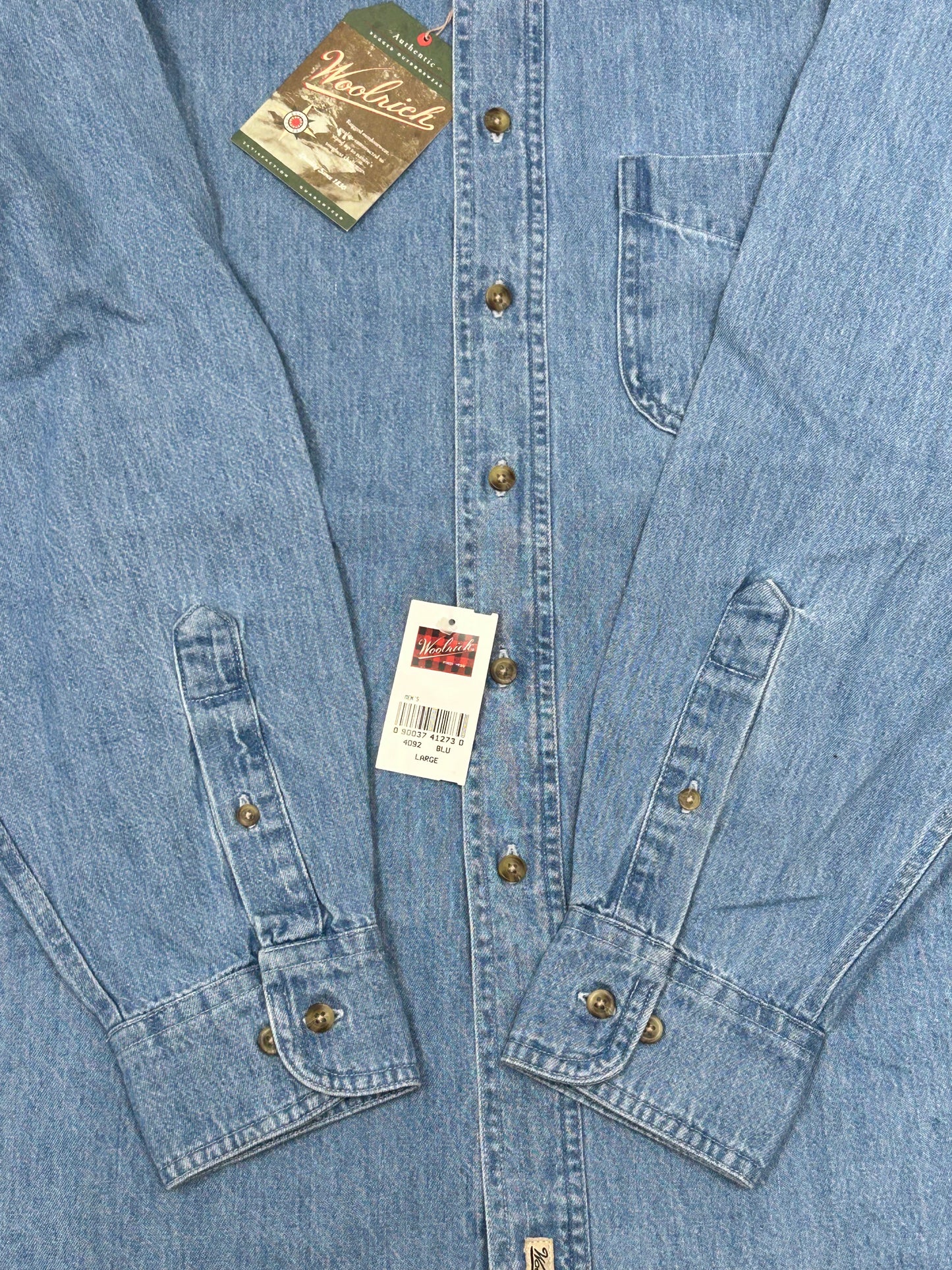 Woolrich Denim Button Up Shirt Blue Long Sleeve 100% Cotton Men’s Large 24x33 Inches DS Brand New With Tag