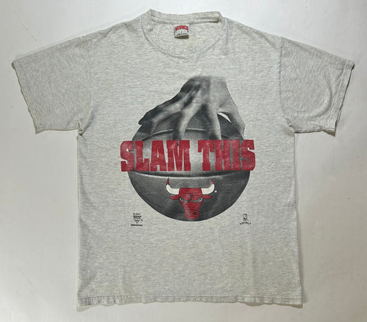 Vintage 90s Nutmeg Mills Chicago Bulls Slam This NBA Tee Gray L/XL 22.5x29 Inches Gray Worn As Is Has Wear & Stains