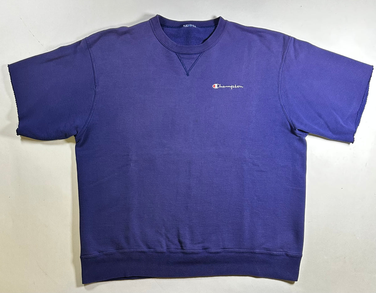 Vintage 90s Champion Script Chopped Sleeves Crewneck Sweatshirt Workout Steez L/XL Fit 25.25x27.5 Inches Purple