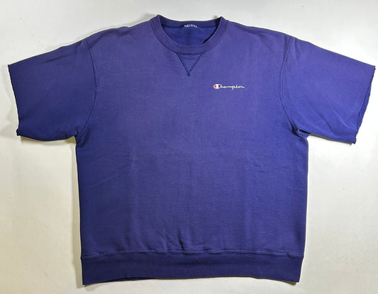 Vintage 90s Champion Script Chopped Sleeves Crewneck Sweatshirt Workout Steez L/XL Fit 25.25x27.5 Inches Purple