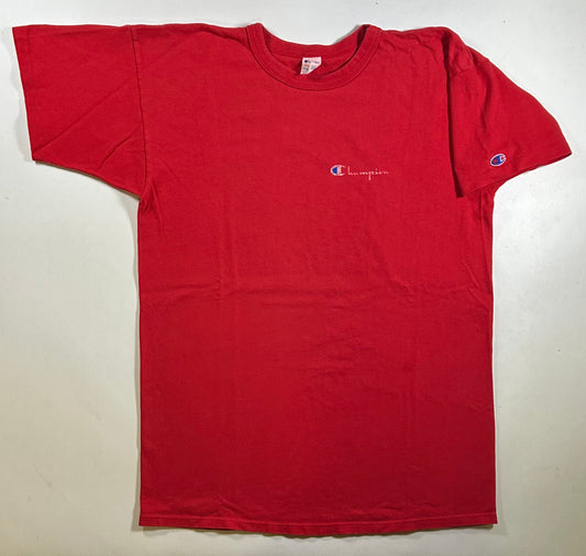 Vintage Champion Chest Script Logo Tee L/XL USA 22.25x31 Inches Red As Is