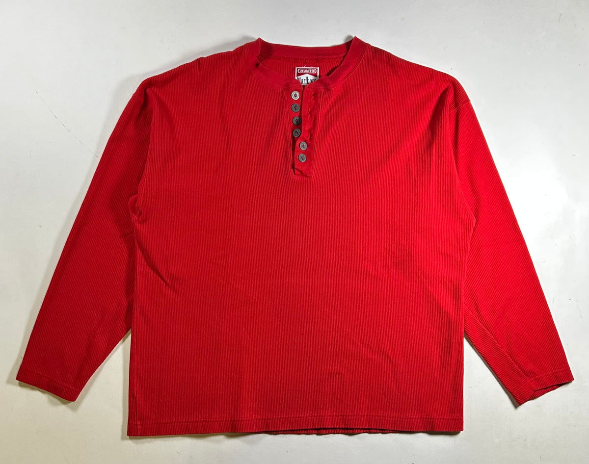 Vintage 90s Marlboro Unlimited Thermal Red Ribbed Cotton Pullover Henley XL 24.75x28.25 Inches