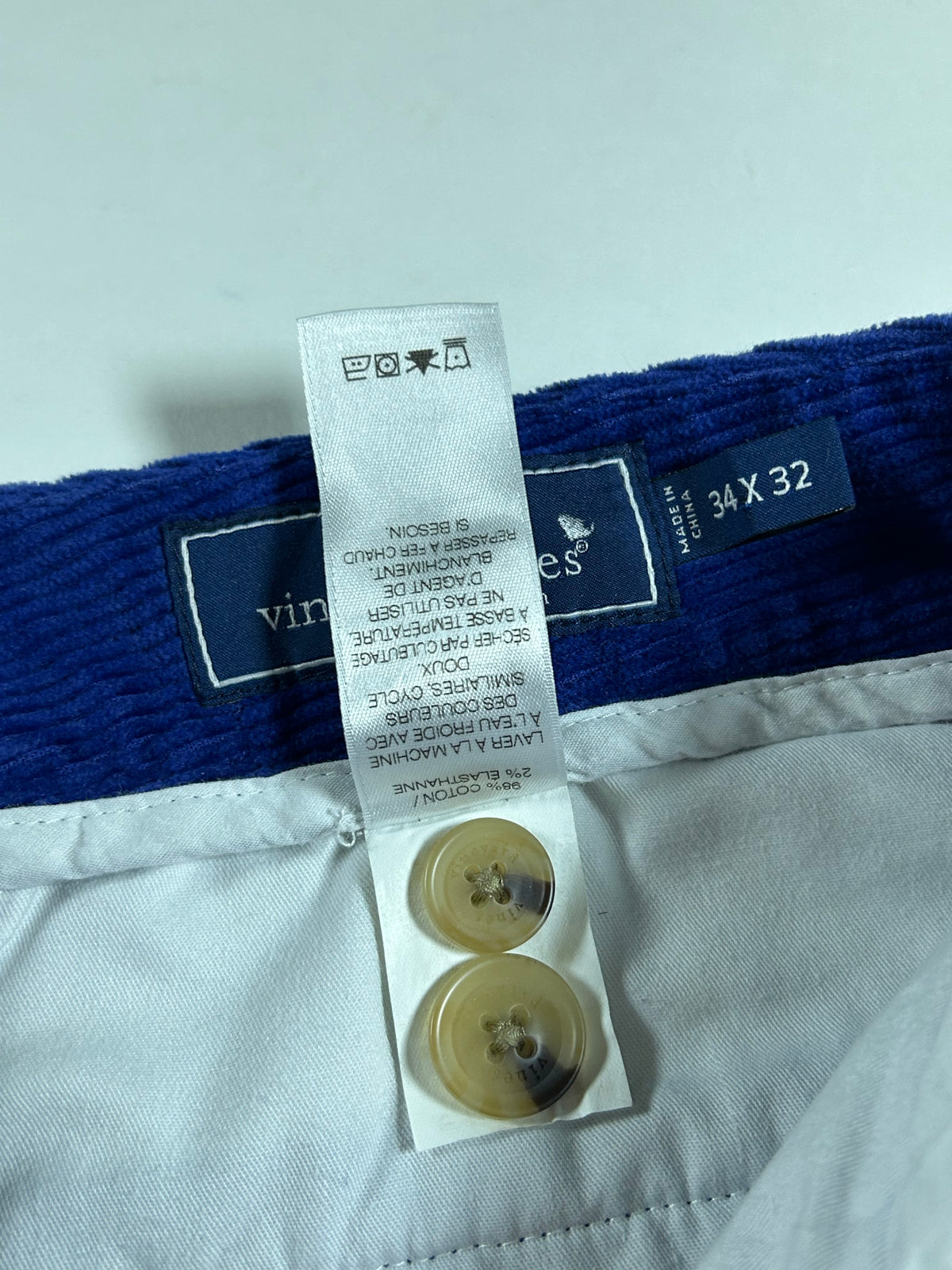 Vineyard Vines Corduroy Slim Stretch Breaker Pants 34x32 Royal Blue Preppy 2015 About 18x42 Inches