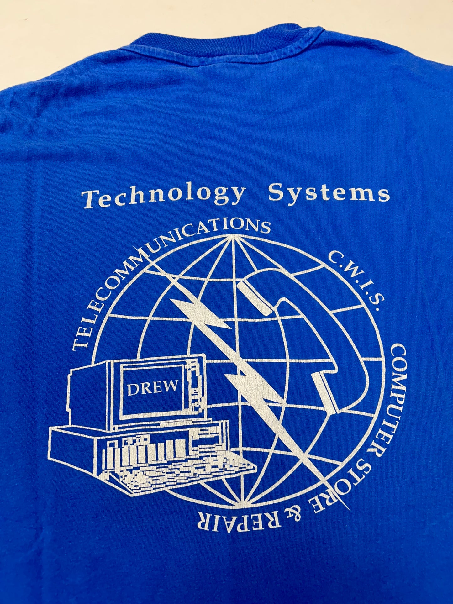 Vintage Drew University Technology Systems Telecommunications C.W.I.S. Computer Store & Repair Tee XL 23.25x28.25 Inches Worn As Is