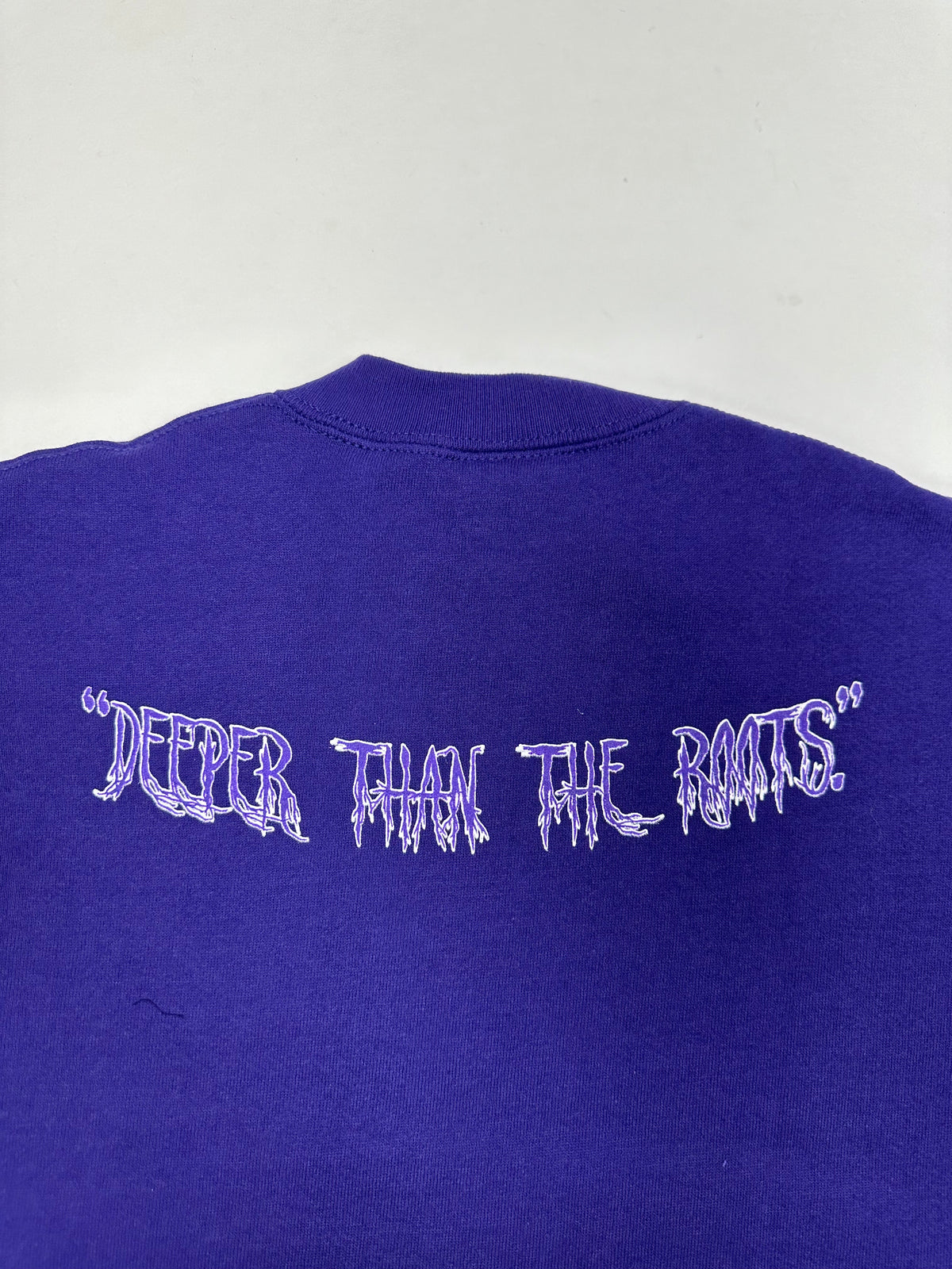 Edgewood NJ “Deeper Than The Roots.” First Edition Crewneck Sweatshirt Tagged Youth XL 21.25x25.75 Inches 90s Russell Athletic 50/50 Blend Made In USA DS Purple