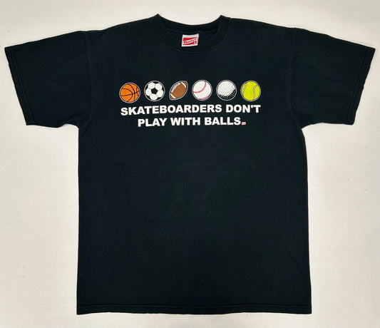 Vintage Shorty's Skateboards Graphic Skateboarders Dont Play With Balls Shirt Large 22x28.5 Inches