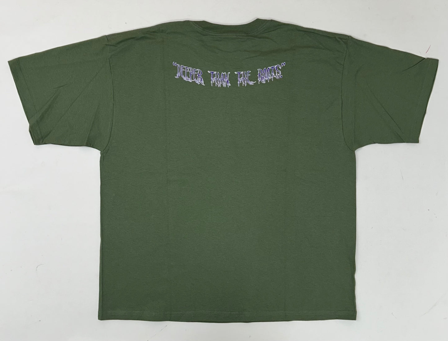 Edgewood NJ first edition “Deeper Than The Roots.” Tee XL 24.25x29 Inches 00s Gildan 100% Cotton Honduras Olive Green