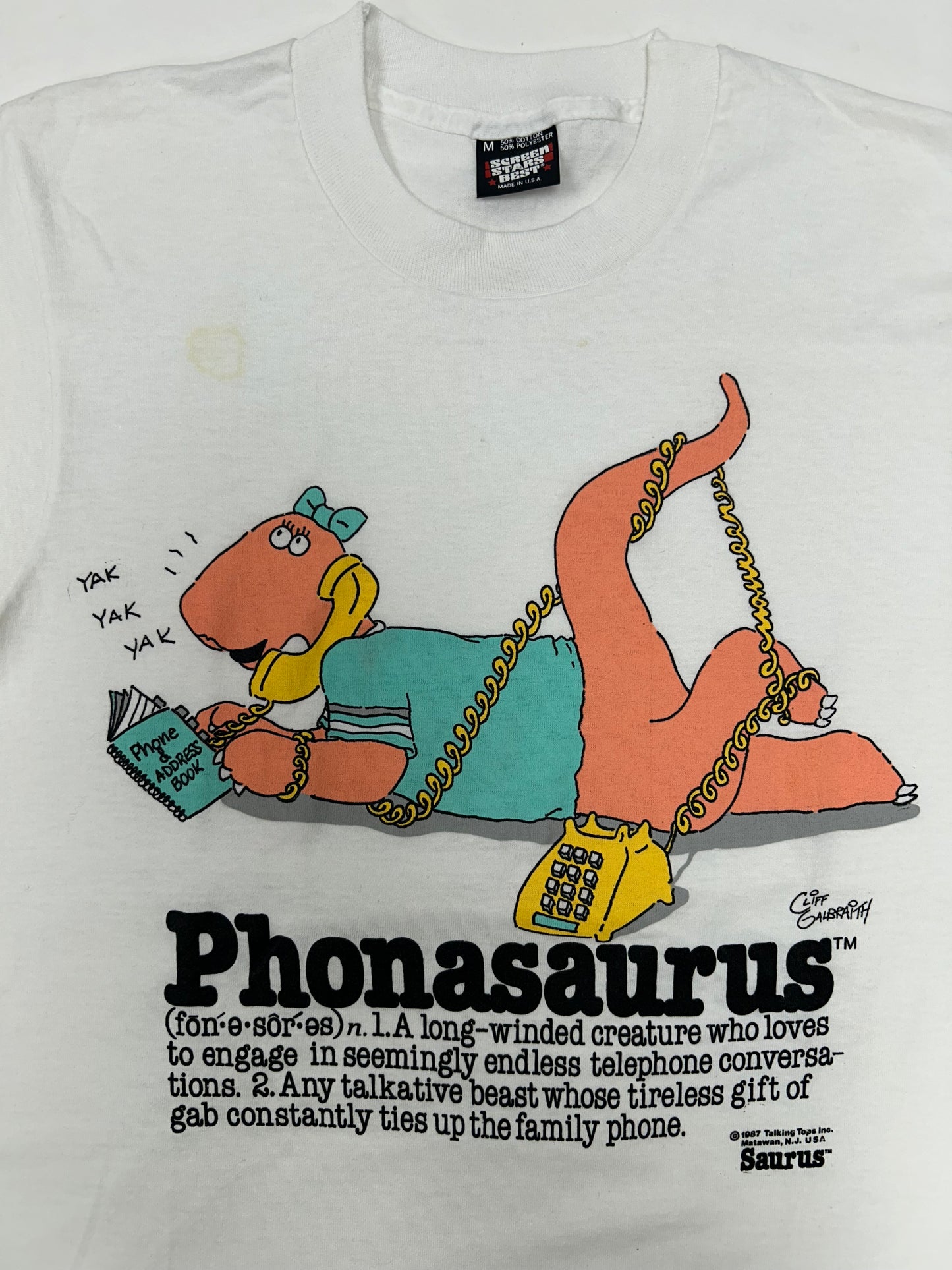 Vintage 1987 Talking Tops Saurus Phonasaurus Saurus Gang Tee Small Fit 18.25x26.75 Inches As Is