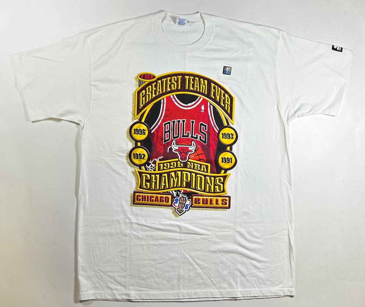 Vintage Chicago Bulls Greatest Team Ever 1996 NBA Championship Tee XL/2XL Fit 25.75x34 Inches Brand New Old Stock