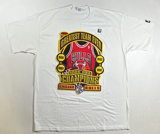 Vintage Chicago Bulls Greatest Team Ever 1996 NBA Championship Tee XL/2XL Fit 25.75x34 Inches Brand New Old Stock