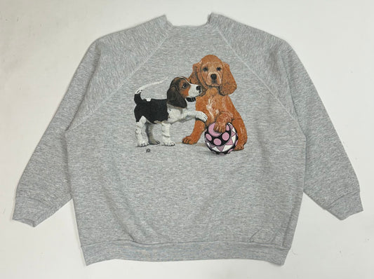 Vintage 1991 Beagle & Golden Retriever Dog Puppy Crewneck Sweatshirt Gray Boxy Fit 27.25x27.25 Inches