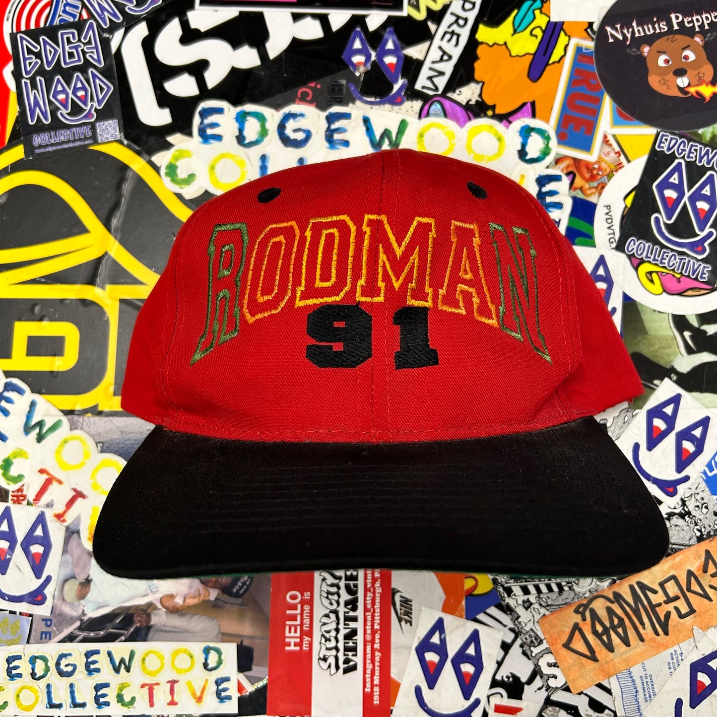 Vintage Dennis Rodman SnapBack Hat Rodman 91 Spell Out KC Caps Red Rare 90s