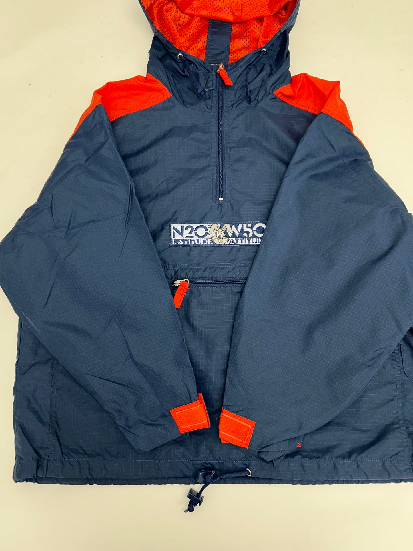 Vintage 1996 Warner Bros. Looney Tunes Bugs Bunny Longitude/Latitude Windbreaker Jacket Large 27.25x29.25 Inches Can Fit XL