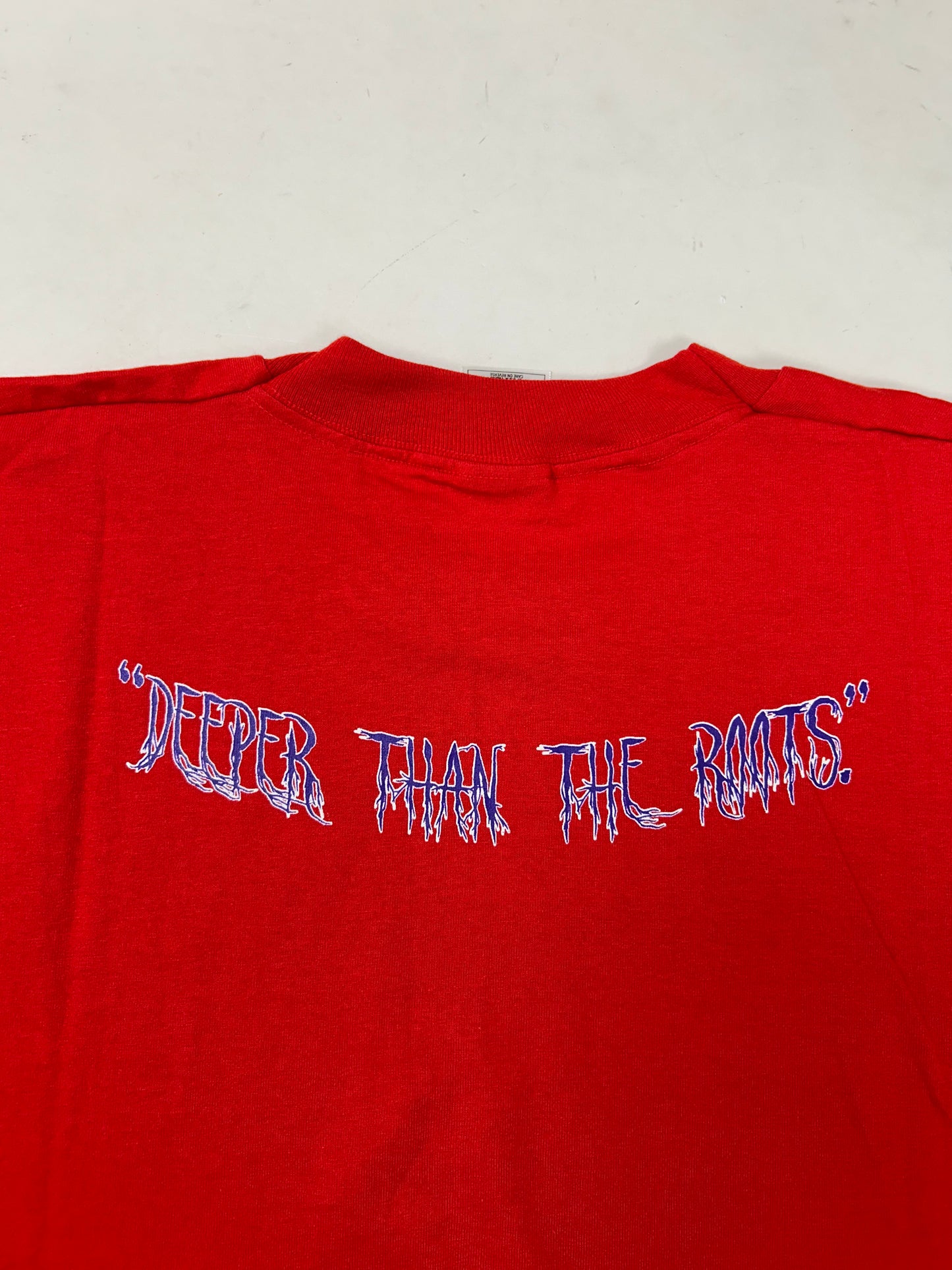 Edgewood NJ first edition “Deeper Than The Roots.” Tee XL 23.75x31 Inches 90s FOTL Best USA/Honduras Made 50/50 Blend Cherry Red