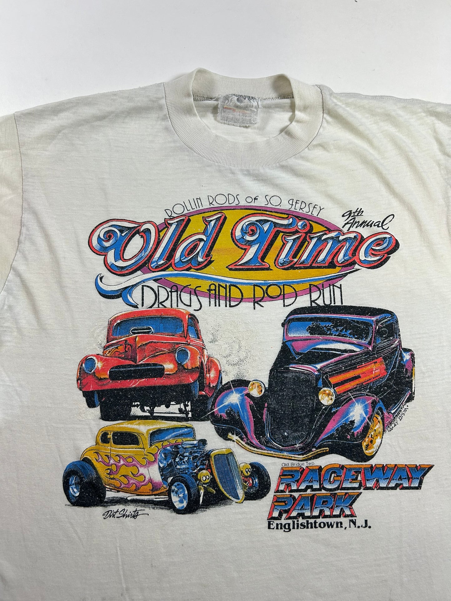 Vintage 1999 9th Annual Rollin Roda Old Time Drags And Rod Run Raceway Park Englishtown NJ Tee Paper Thin Worn In As Is M/L Fit 20x26.25 Inches
