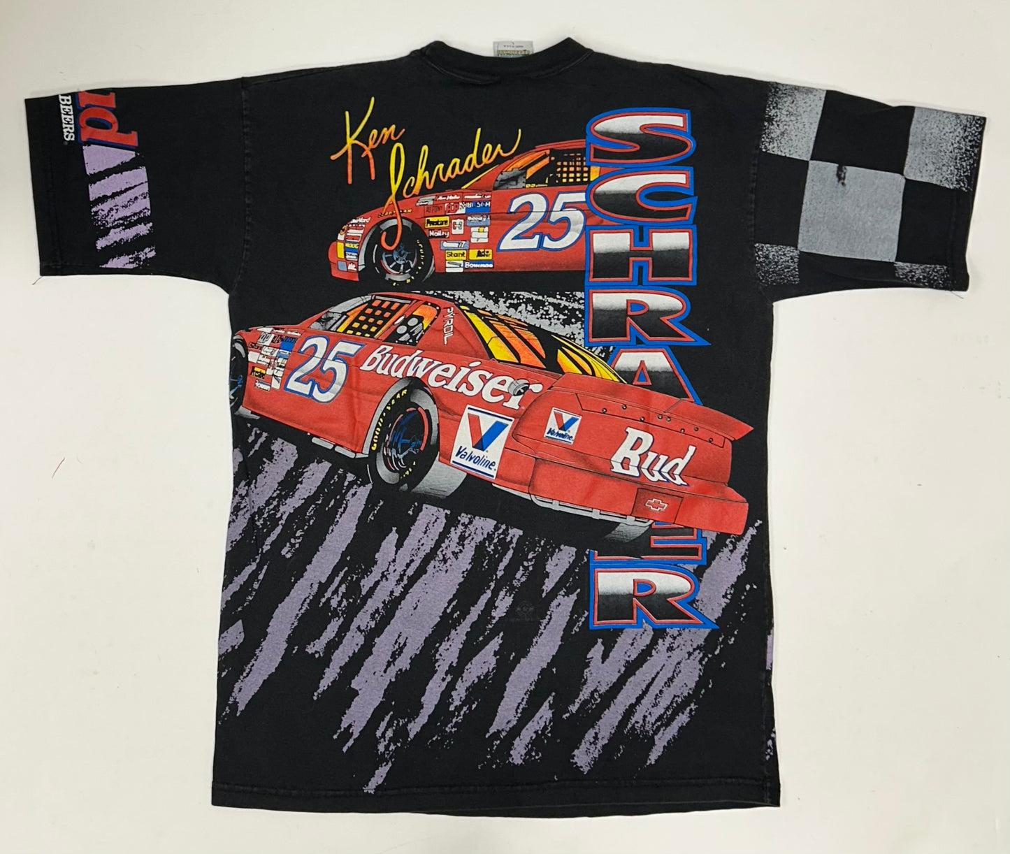 Vintage Ken Schrader Bud Racing Budweiser NASCAR All Over Print Tee Large 90s