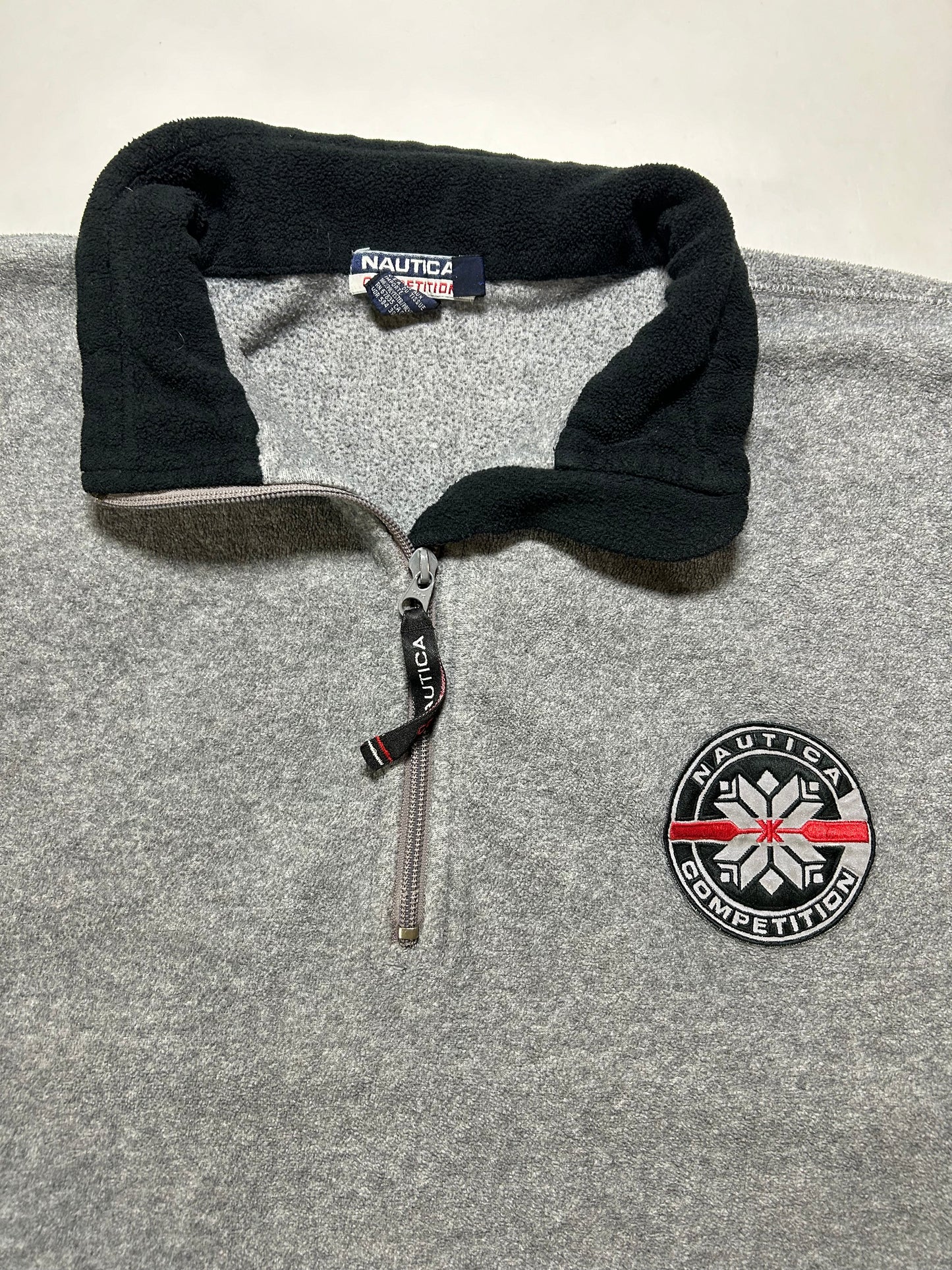 Vintage 90s Nautica Competition 1/4 Zip Fleece Pullover Made In USA Gray M/L Fit 24.25x27.5 Inches