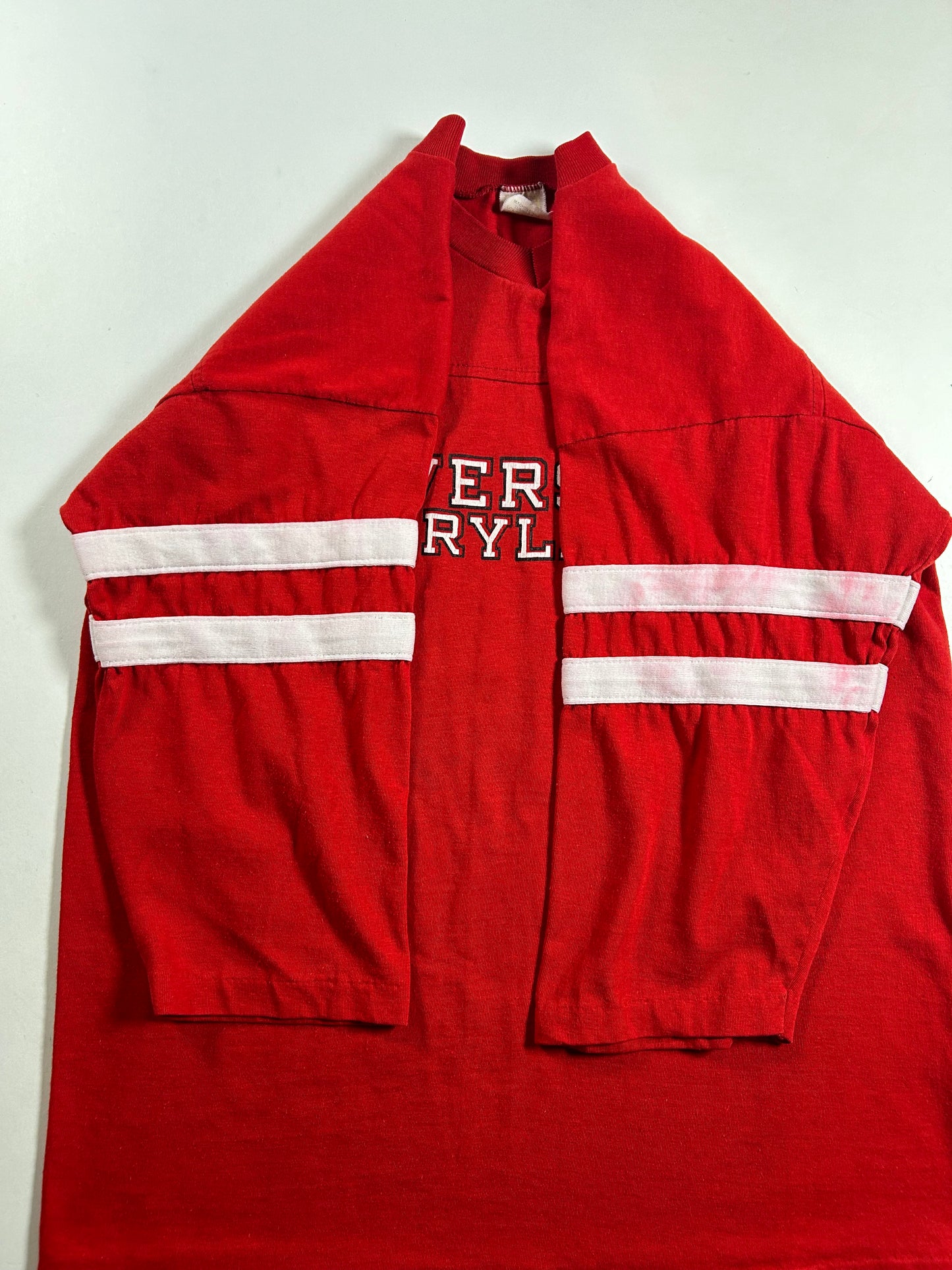Vintage University of Maryland College Red 3/4 Sleeve Tee Velva Sheen 80s 18.5x25 Inches