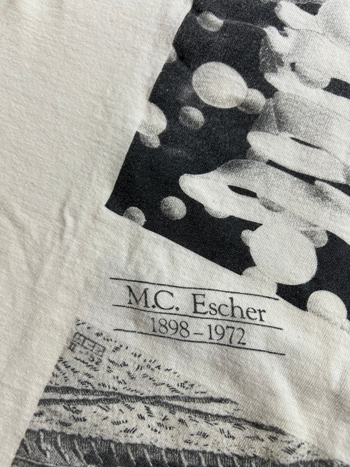 Vintage 1990 M.C. Escher Shirt White All Over Rare Print Art Single Stitch 23x27.75 Inches As Is