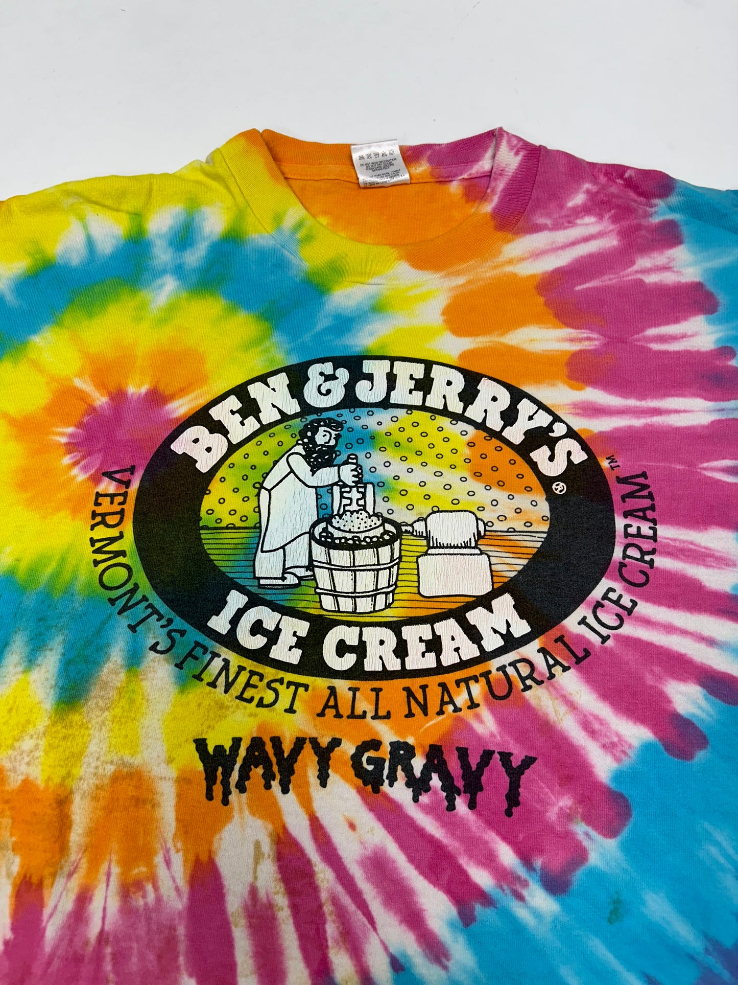 Vintage 90s Ben and Jerrys Wavy Gravy Ice Cream Tie Dye Tee Stained As Is XL 24.5s29.5 Inches