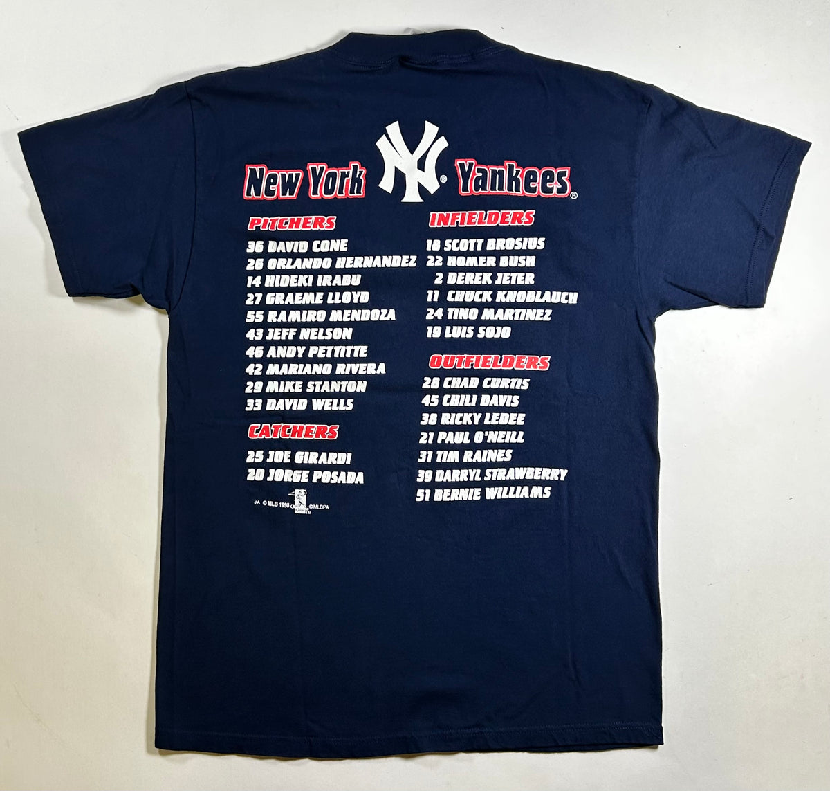 Vintage New York Yankees 1998 World Series Champs Lineup Roster Tee Large 21.25x30.25 Inches