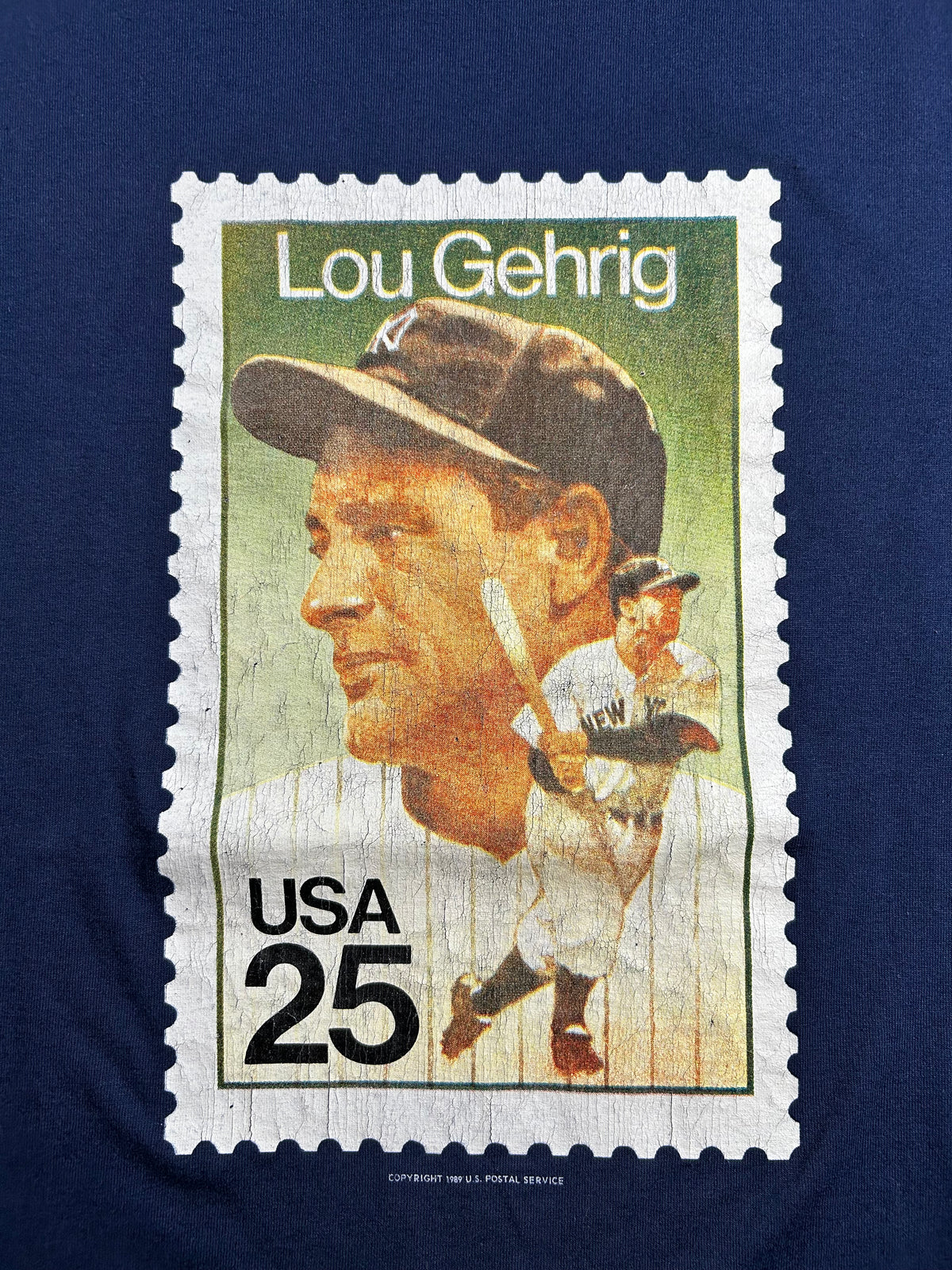Vintage MLB U.S. Postal Service Stamp New York Yankees Lou Gehrig 1989 Tee M/L Fit 20.5x28.25 Inches
