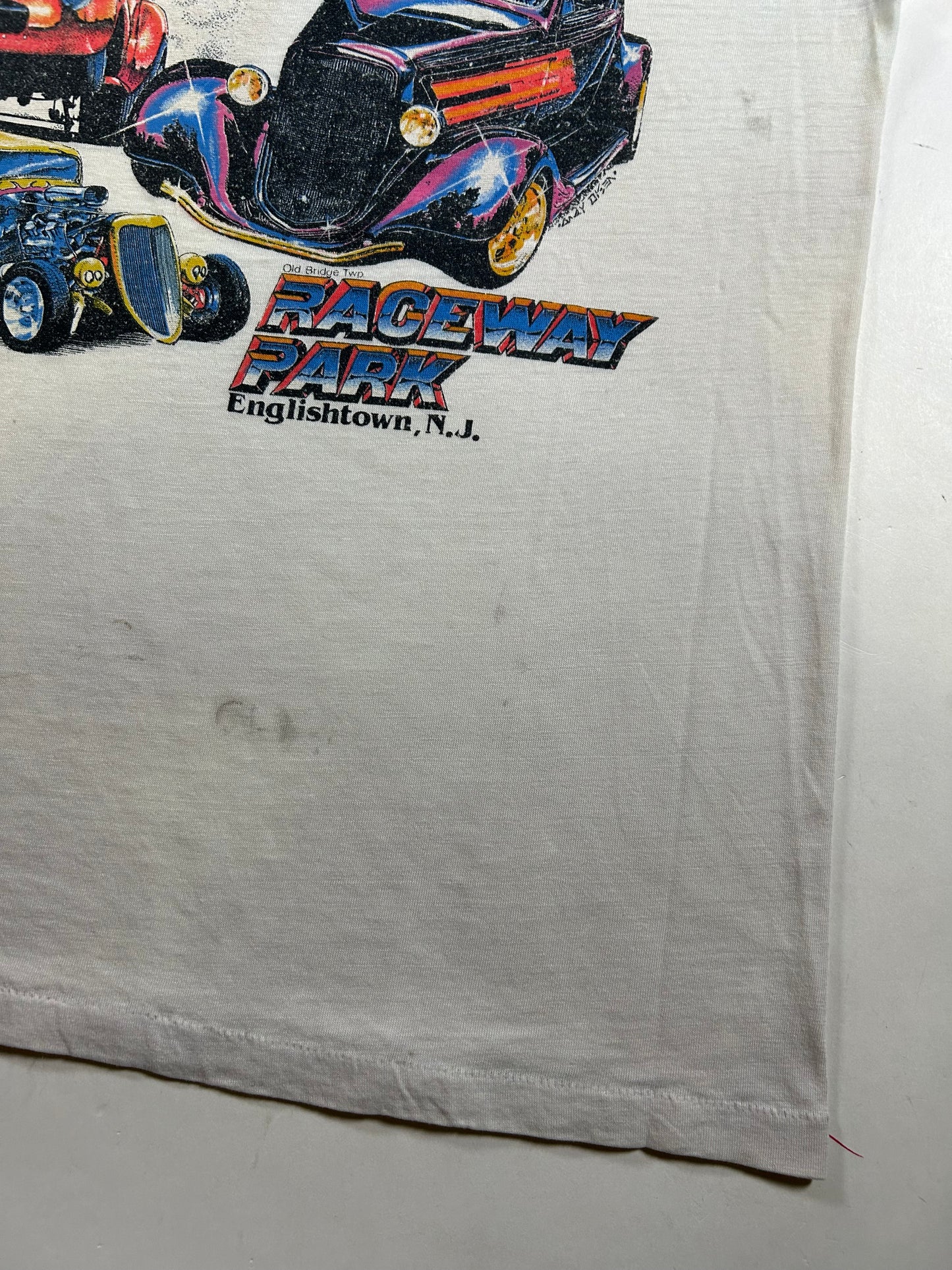 Vintage 1999 9th Annual Rollin Roda Old Time Drags And Rod Run Raceway Park Englishtown NJ Tee Paper Thin Worn In As Is M/L Fit 20x26.25 Inches