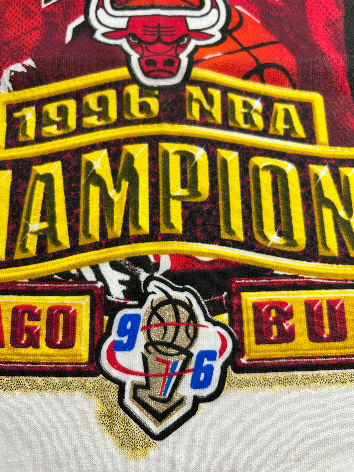 Vintage Chicago Bulls Greatest Team Ever 1996 NBA Championship Tee XL/2XL Fit 25.75x34 Inches Brand New Old Stock