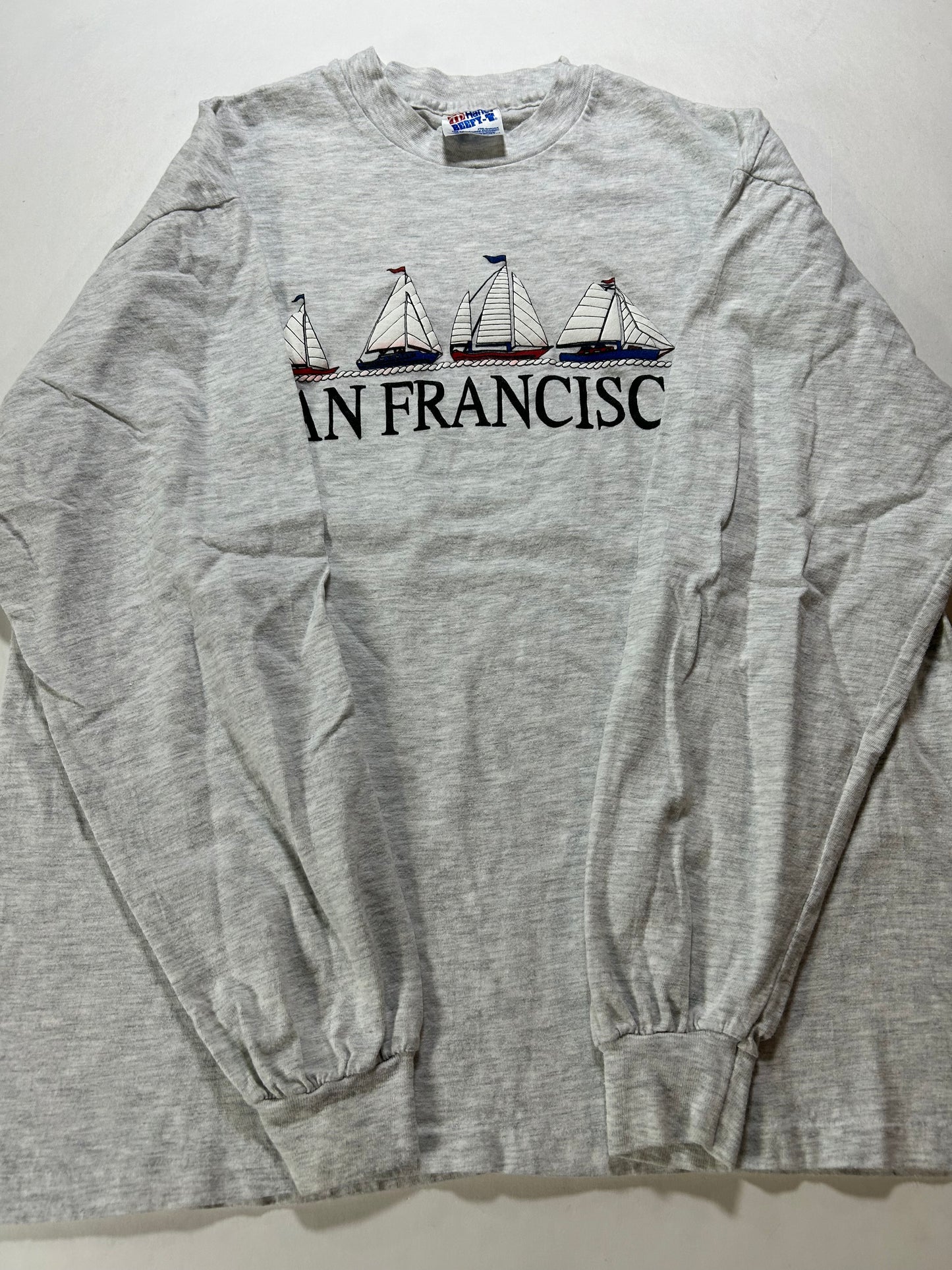 Vintage 90s San Francisco Sailboats Graphic Long Sleeve Tee Large/Medium 21.5x27 Inches Gray
