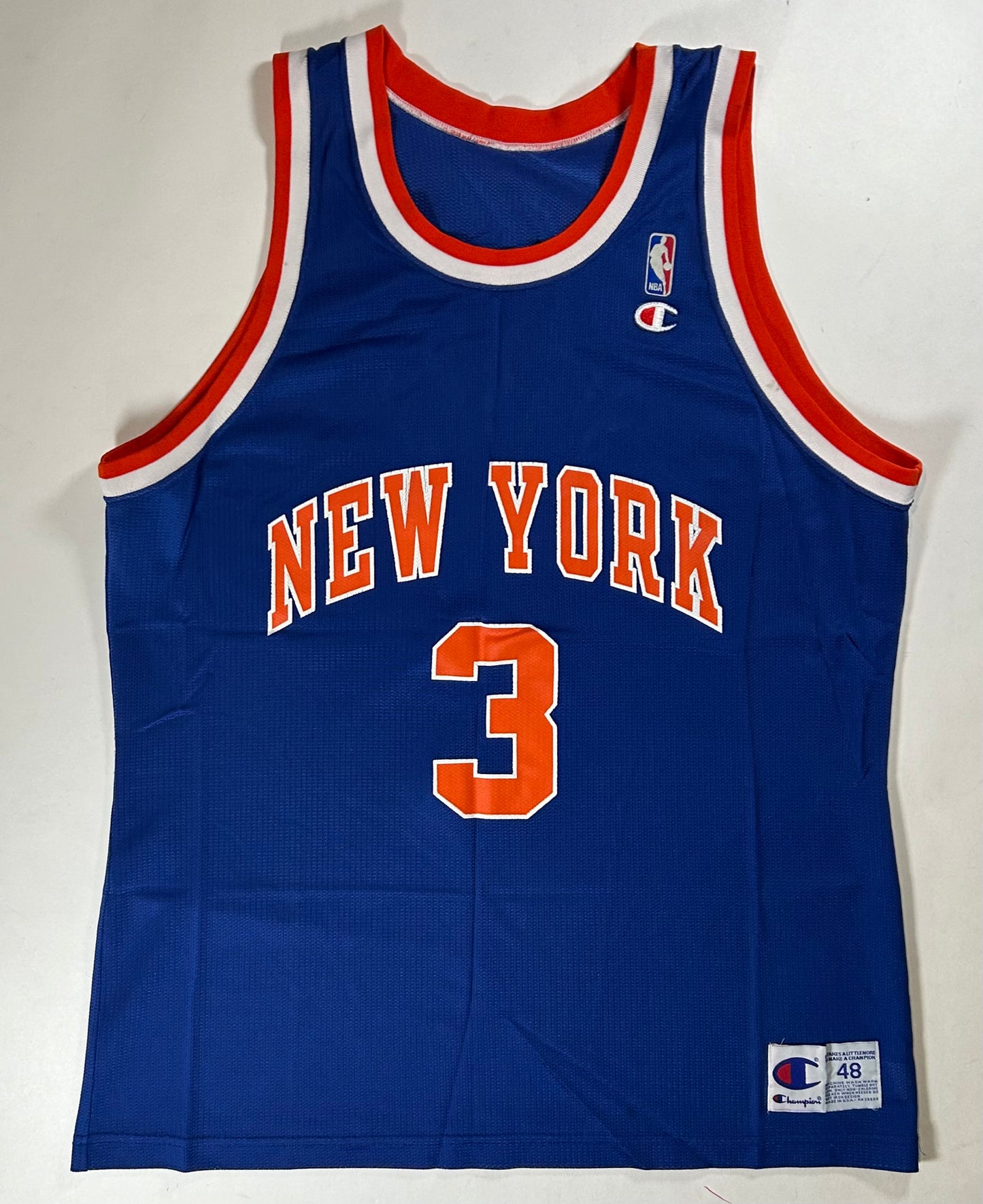 Vintage 90s Champion John Starks #3 New York Knicks NBA Felt Patch Jersey Blue 48 XL 23.5x32.5 Inches