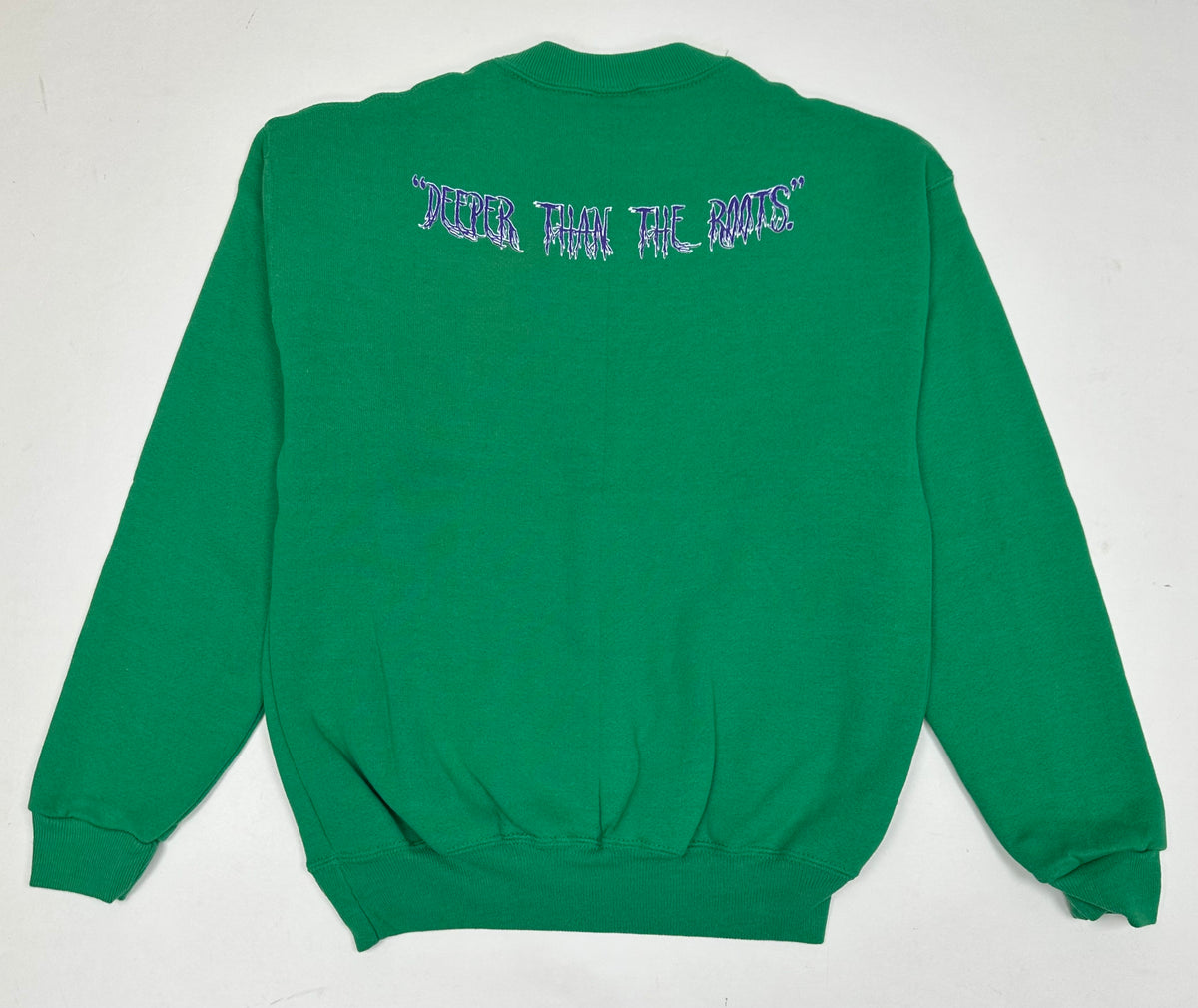 Edgewood NJ “Deeper Than The Roots.” First Edition Crewneck Sweatshirt Tagged Youth Medium 90s Russell Athletic 50/50 Blend Made In USA DS Kelley Green 20x24