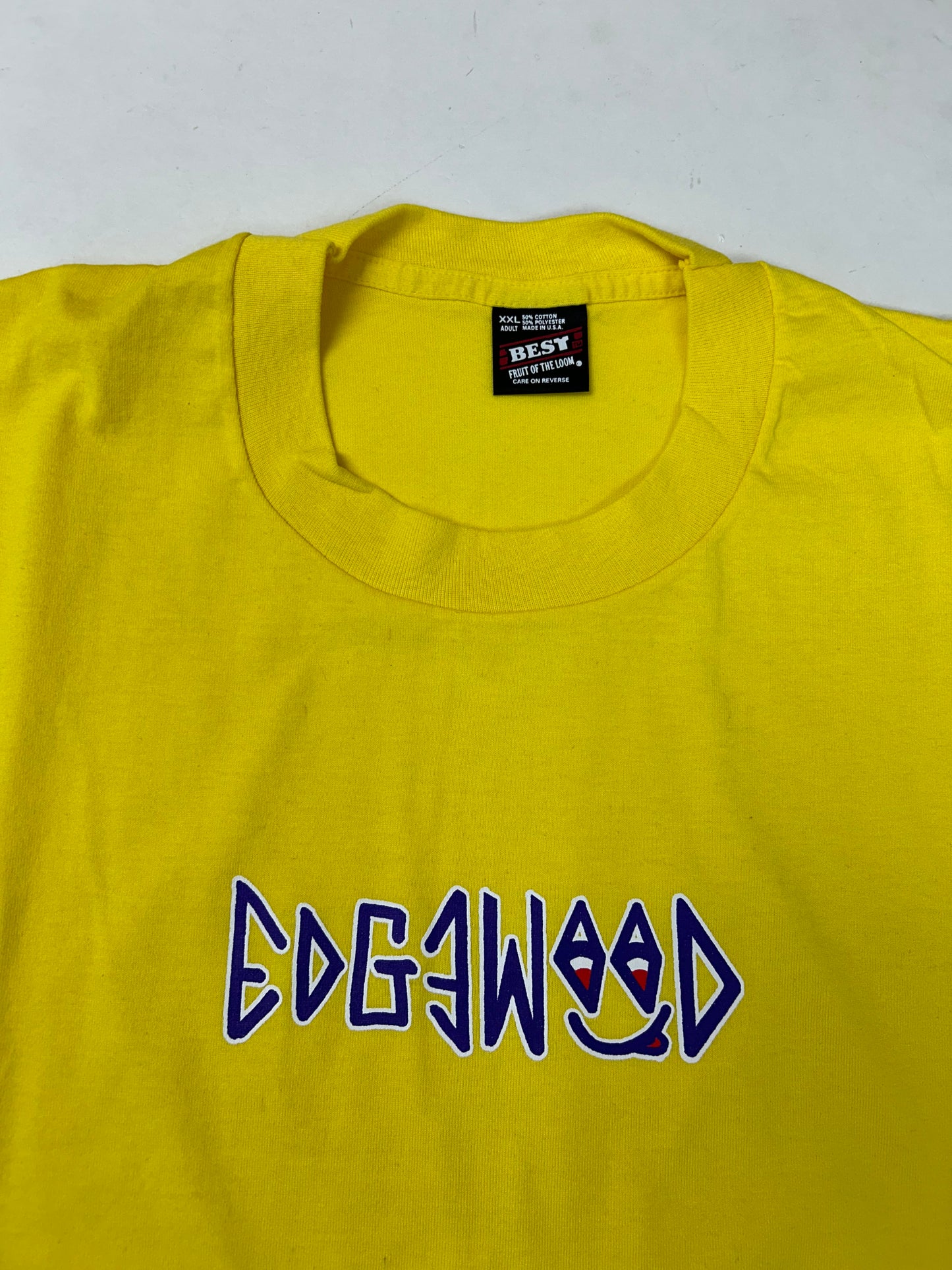 Edgewood NJ first edition “Deeper Than The Roots.” Tee 2XL 26.25x32.25 Inches 90s Fruit Of The Loom USA 50/50 Blend Bright Yellow