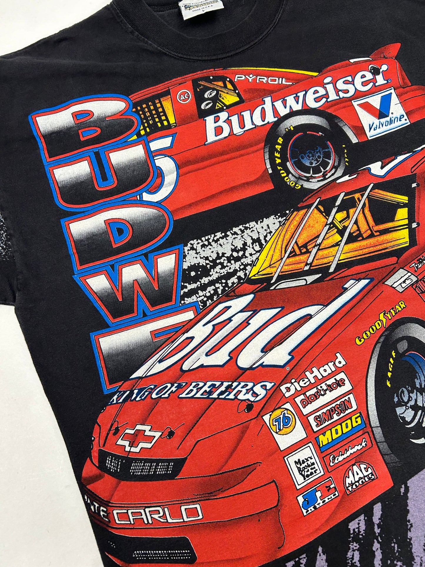 Vintage 90s Ken Schrader Bud Racing Budweiser NASCAR All Over Print AOP Tee Large 22.25x30.25 Inches