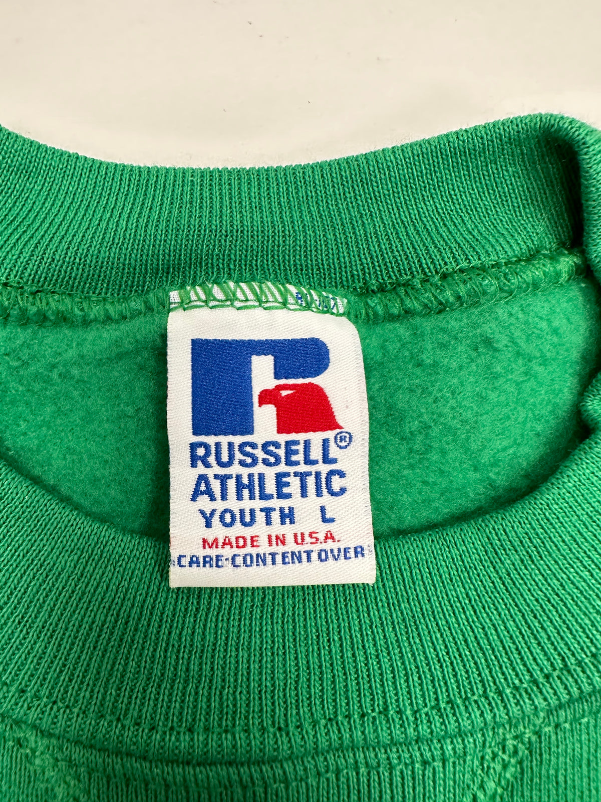 Edgewood NJ “Deeper Than The Roots.” First Edition Crewneck Sweatshirt Tagged Youth Large 90s Russell Athletic 50/50 Blend Made In USA DS Kelley Green 19.5x24