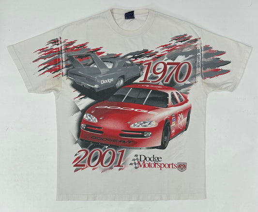 Vintage Dodge Motorsport We’re Back NASCAR AOP  Tee Dodge R/T 1970 & 2001 Car XL 23.5x29.5 Inches As Is