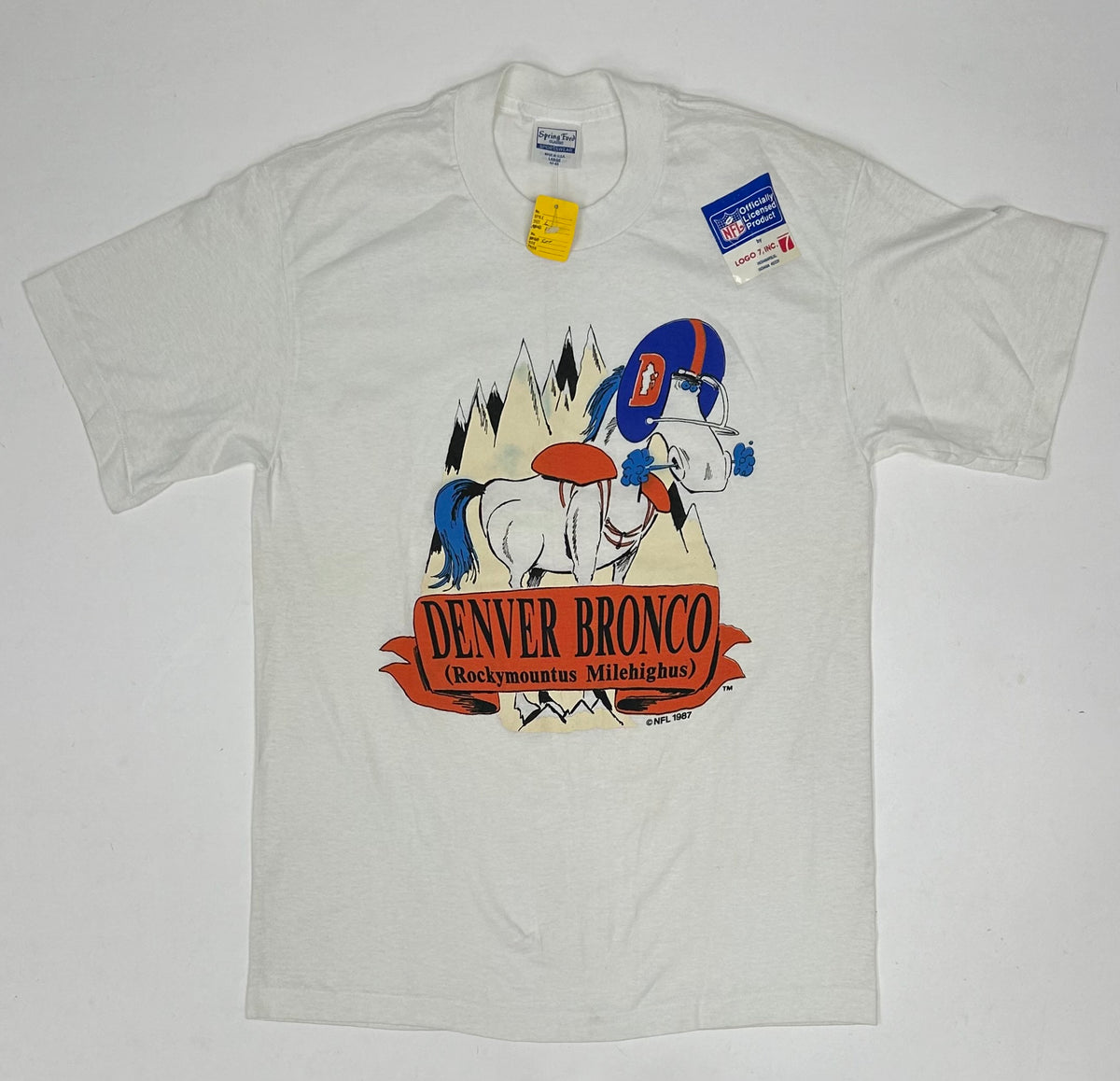 Vintage Logo 7 1987 Denver Broncos Rockymontus Milehighus NFL Tee Small/Med Fit 18.75x27.75 Inches DS Brand New As Is