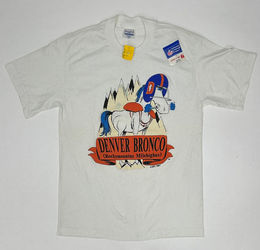 Vintage Logo 7 1987 Denver Broncos Rockymontus Milehighus NFL Tee Small/Med Fit 18.75x27.75 Inches DS Brand New As Is