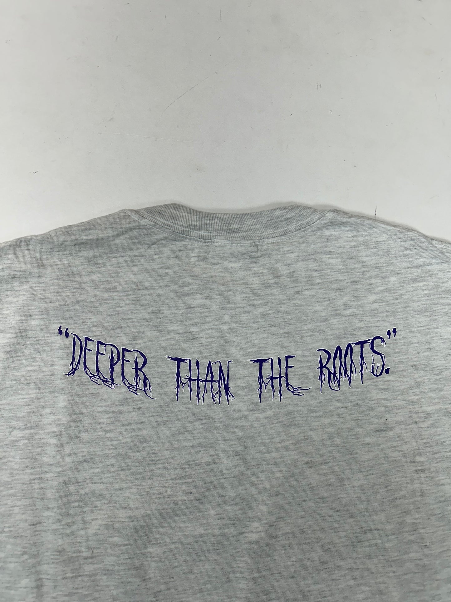 Edgewood NJ first edition “Deeper Than The Roots.” Tee 00s Hanes Beefy-T 99% Cotton 1% Other Fibers El Salvador Heather Gray