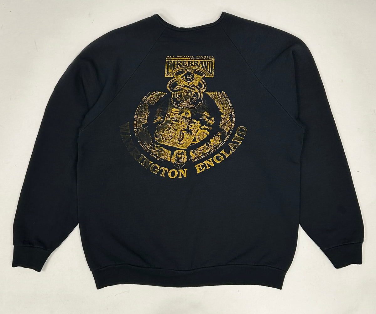 Vintage All Model Harley Specialist Fire Brand Warrington England Crewneck Sweatshirt Chopped Collar M/L Fit 22.75x27 Inches As Is Faded & Worn In