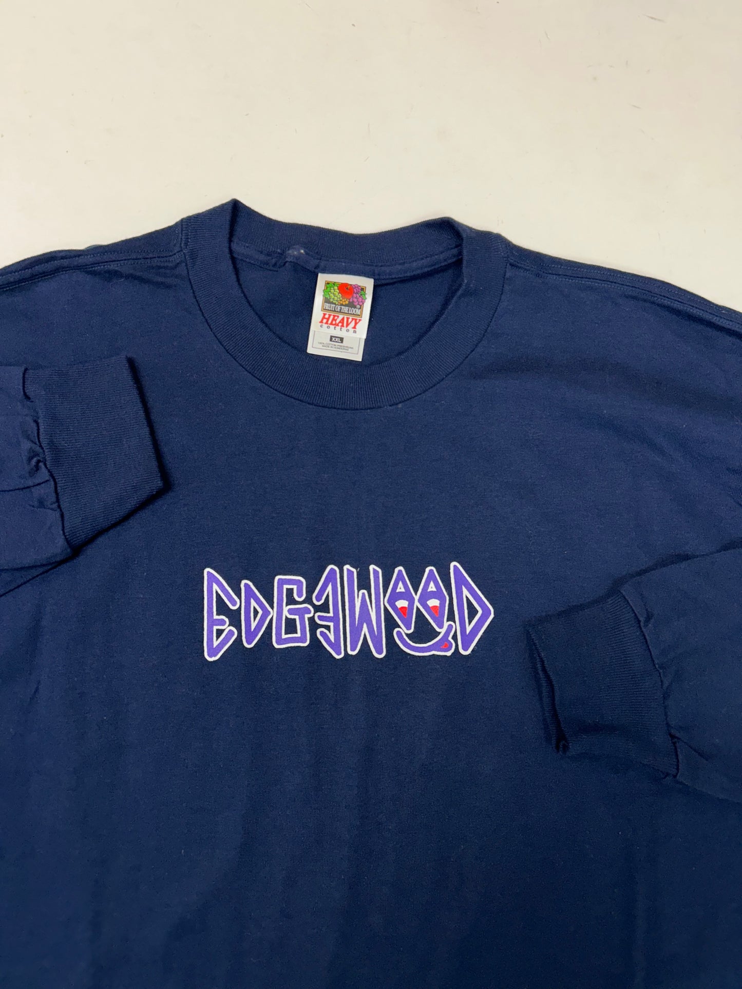Edgewood NJ first edition “Deeper Than The Roots.” Long Sleeve Tee 2XL 25x33.25 Inches 90s Fruit Of The Loom Heavy Cotton 100% Cotton Honduras Navy Blue
