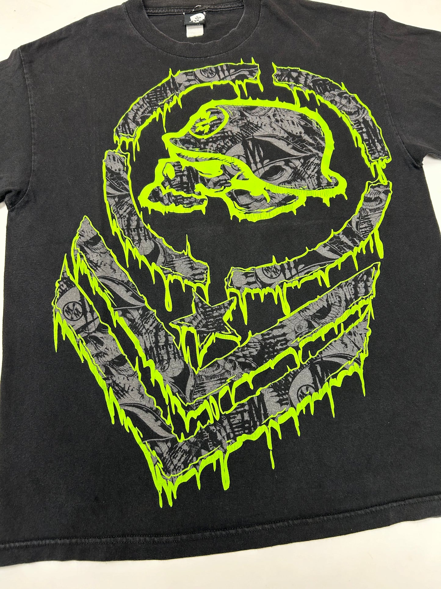 Vintage 2000s Metal Mulisha Skull Sergeant Motocross Dirt Biking Shirt Large 22x29.5 As Is Black/Green