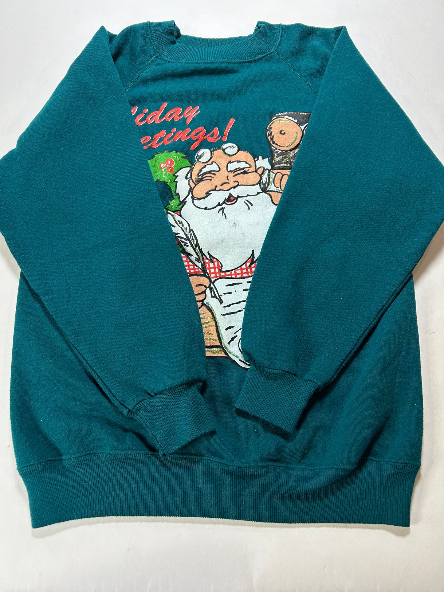 Vintage 90s Holiday Greetings Santa Christmas List Crewneck Sweatshirt Raglan Small 19.25x26.5 Inches