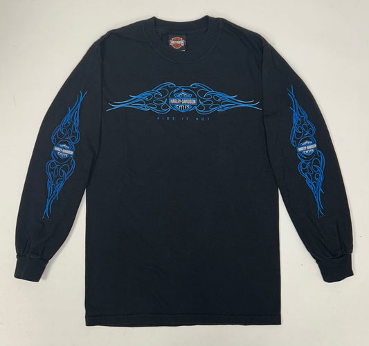 Vintage 2000s Harley Davidson Motorcycles Tilley’s Historic Salisbury, NC Flame Long Sleeve Ride It Hot Tee Small 18x28 Inches Black